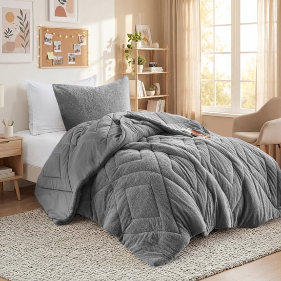Regency Heights Twin/Twin XL Quilted Plush Comforter Set, 2-Piece Reversible Feather-Soft Dorm Bedding Sets, Textured Sherpa Comforter Bed Set for All Season, Gray