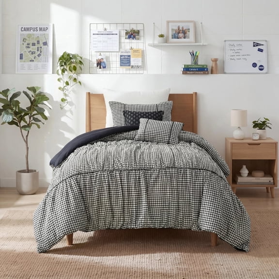 Regency Heights Twin/Twin-XL Comforter Set 4 Pieces, Black Plaid Ruched Design with Decorative Pillows, Soft Microfiber Bedding Sets for All Seasons
