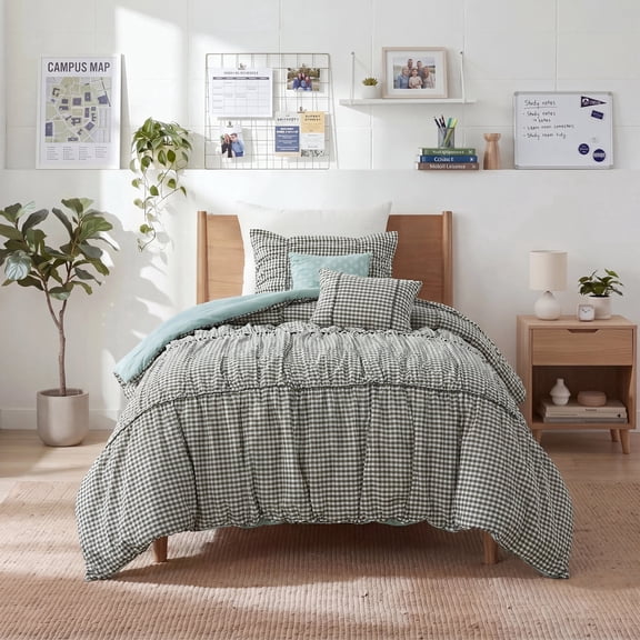 Regency Heights Twin/Twin-XL Comforter Set 4 Pieces, Green Plaid Ruched Design with Decorative Pillows, Soft Microfiber Bedding Sets for All Seasons