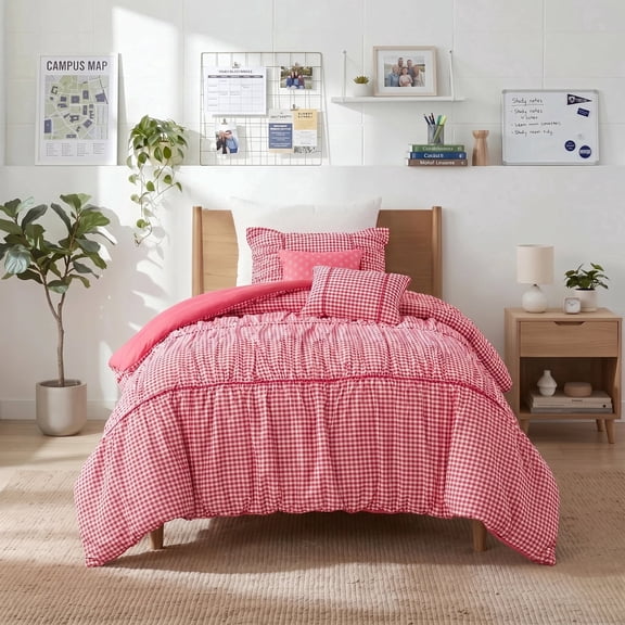 Regency Heights Twin/Twin-XL Comforter Set 4 Pieces, Red Plaid Ruched Design with Decorative Pillows, Soft Microfiber Bedding Sets for All Seasons