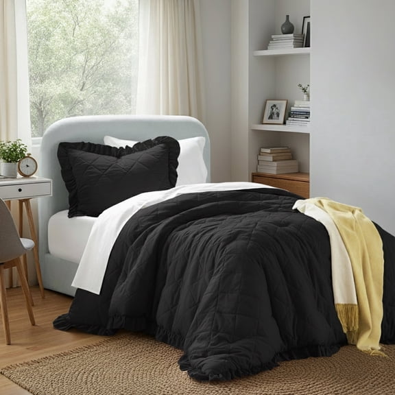 Regency Heights Twin/Twin XL Comforter Set Black, 2 Pieces Quilted Ruffle Comforters Twin/Twin XL Size, Solid Bedding Comforters Sets, Gift for Women