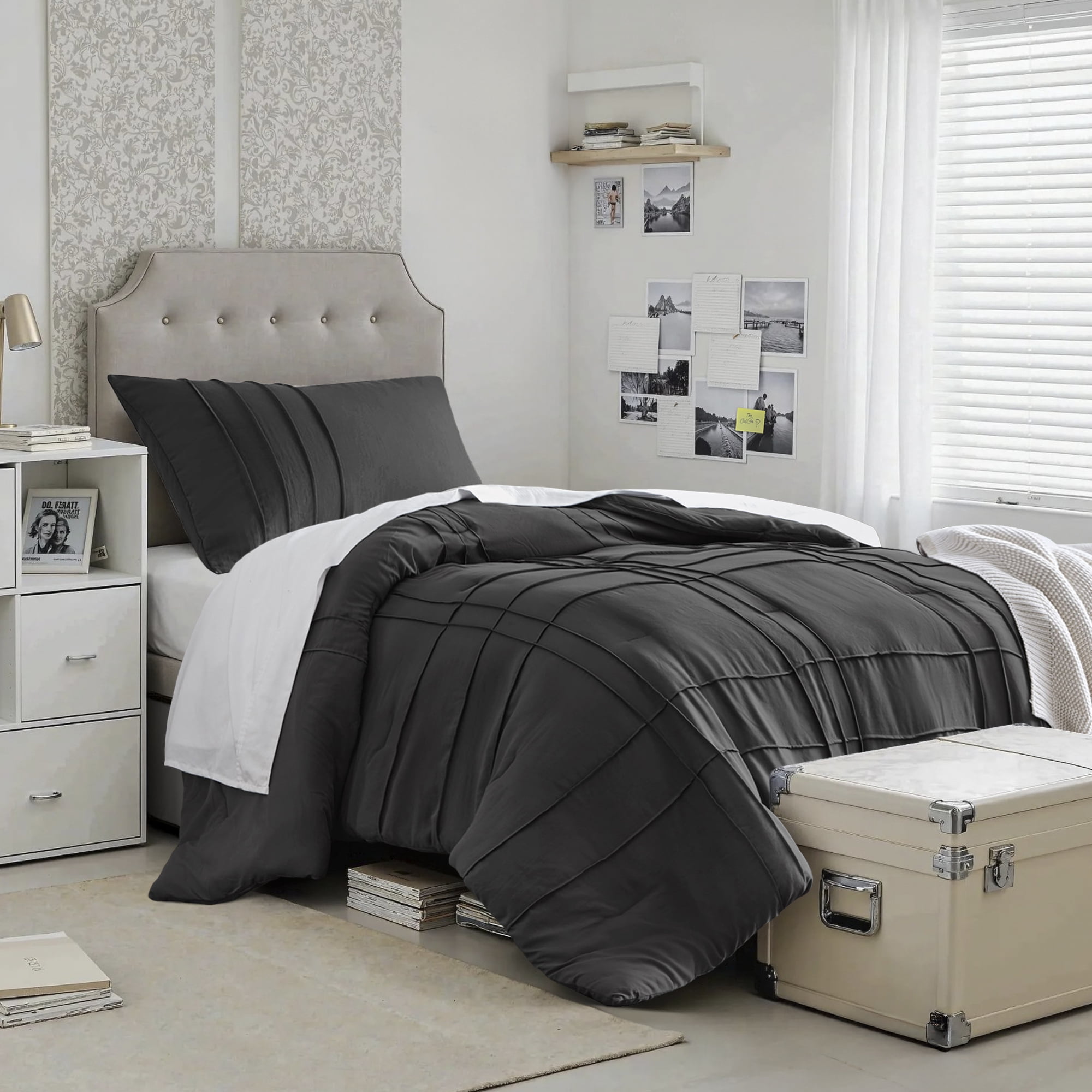 Regency Heights Twin/Twin XL Comforter Set, Boho 2-Piece Pintuck Stitching Dorm Bedding Set, Soft Washed Pleated Bed Sets with Pillow Sham Black