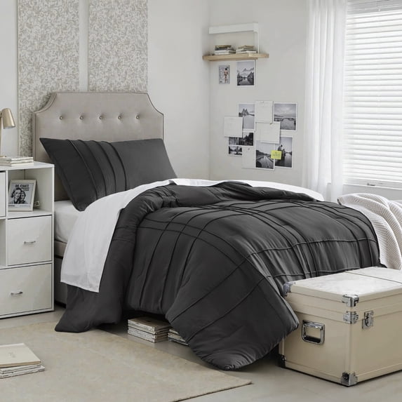 Regency Heights Twin/Twin XL Comforter Set, Boho 2-Piece Pintuck Stitching Dorm Bedding Set, Soft Washed Pleated Bed Sets with Pillow Sham Black