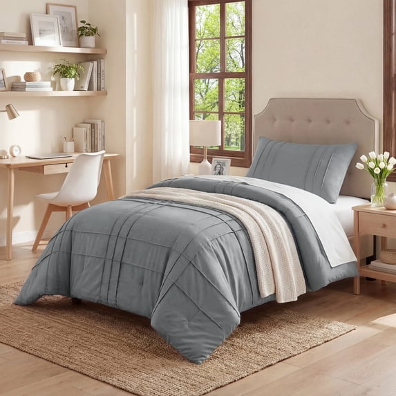 Regency Heights Twin/Twin XL Comforter Set, Boho 2-Piece Pintuck Stitching Dorm Bedding Set, Soft Washed Pleated Bed Sets with Pillow Sham Blue/Grey