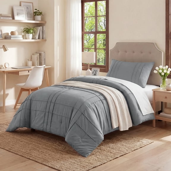 Regency Heights Twin/Twin XL Comforter Set, Boho 2-Piece Pintuck Stitching Dorm Bedding Set, Soft Washed Pleated Bed Sets with Pillow Sham Blue/Grey