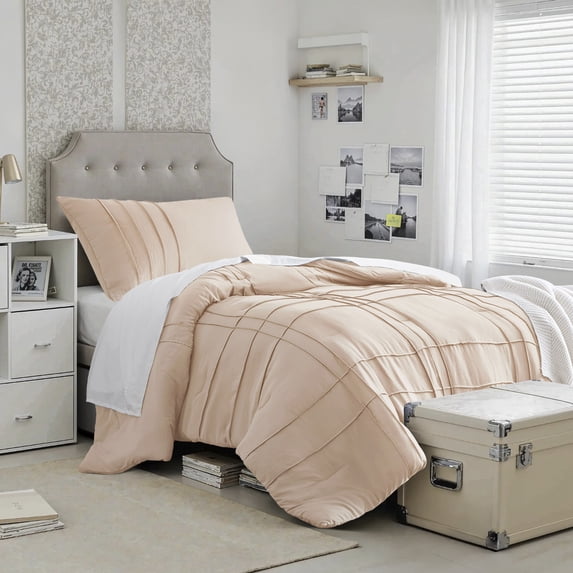Regency Heights Twin Size Comforter Set, Boho 2-Piece Pintuck Stitching Dorm Bedding Set, Pleated Twin Bed Comforter Set with Pillow Sham, Blush, Twin/Twin XL