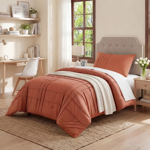 Regency Heights Twin/Twin XL Comforter Set, Boho 2-Piece Pintuck Stitching Dorm Bedding Set, Soft Washed Pleated Bed Sets with Pillow Sham, Burnt Orange