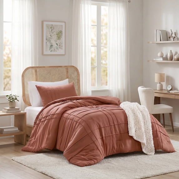 Regency Heights Twin/Twin XL Comforter Set, Boho 2-Piece Pintuck Stitching Dorm Bedding Set, Soft Washed Pleated Bed Sets with Pillow Sham Clay