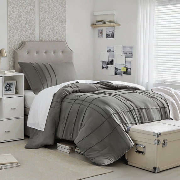 Regency Heights Twin/Twin XL Comforter Set, Boho 2-Piece Pintuck Stitching Dorm Bedding Set, Soft Washed Pleated Bed Sets with Pillow Sham Grey
