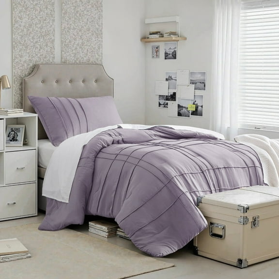 Regency Heights Twin/Twin XL Comforter Set, Boho 2-Piece Pintuck Stitching Dorm Bedding Set, Soft Washed Pleated Bed Sets with Pillow Sham, Lavender