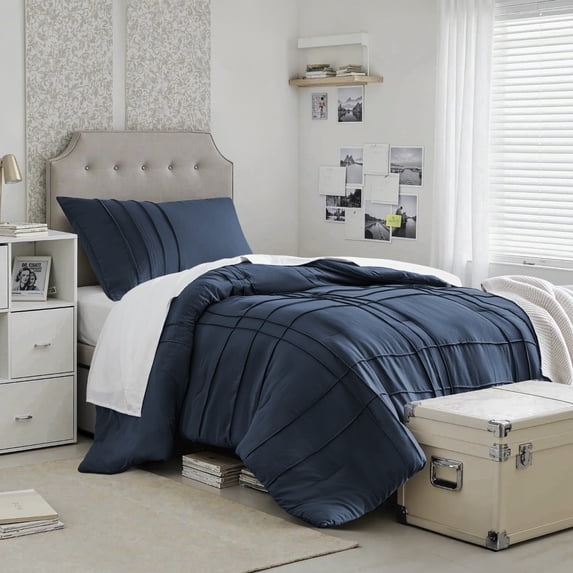 Regency Heights Twin/Twin XL Comforter Set, Boho 2-Piece Pintuck Stitching Dorm Bedding Set, Soft Washed Pleated Bed Sets with Pillow Sham Navy
