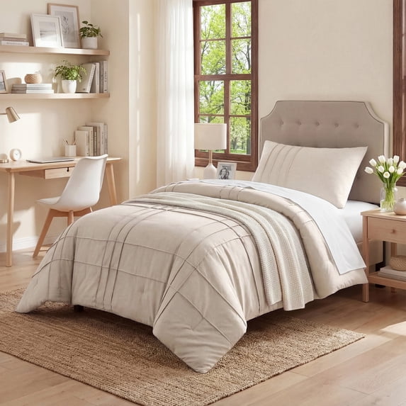 Regency Heights Twin/Twin XL Comforter Set, Boho 2-Piece Pintuck Stitching Dorm Bedding Set, Soft Washed Pleated Bed Sets with Pillow Sham Neutral
