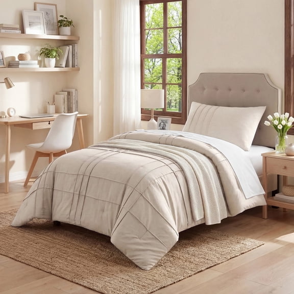 Regency Heights Twin/Twin XL Comforter Set, Boho 2-Piece Pintuck Stitching Dorm Bedding Set, Soft Washed Pleated Bed Sets with Pillow Sham Neutral