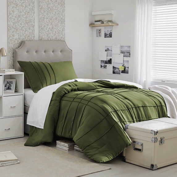 Regency Heights Twin/Twin XL Comforter Set, Boho 2-Piece Pintuck Stitching Dorm Bedding Set, Soft Washed Pleated Bed Sets with Pillow Sham Olive Green