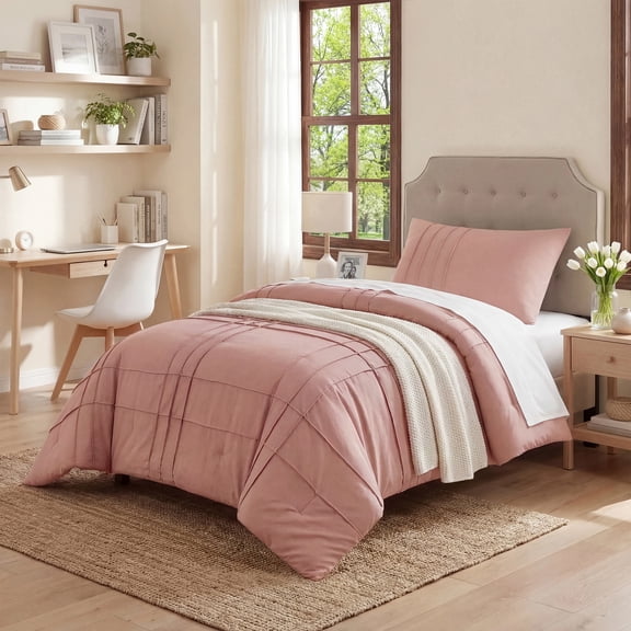 Regency Heights Twin/Twin XL Comforter Set, Boho 2-Piece Pintuck Stitching Dorm Bedding Set, Soft Washed Pleated Bed Sets with Pillow Sham, Rose Pink