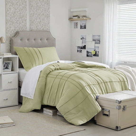 Regency Heights Twin/Twin XL Comforter Set, Boho 2-Piece Pintuck Stitching Dorm Bedding Set, Soft Washed Pleated Bed Sets with Pillow Sham Sage Green