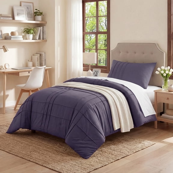 Regency Heights Twin/Twin XL Comforter Set, Boho 2-Piece Pintuck Stitching Dorm Bedding Set, Soft Washed Pleated Bed Sets with Pillow Sham, Skipper Blue