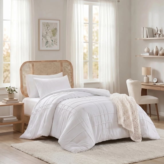 Regency Heights Twin/Twin XL Comforter Set, Boho 2-Piece Pintuck Stitching Dorm Bedding Set, Soft Washed Pleated Bed Sets with Pillow Sham White