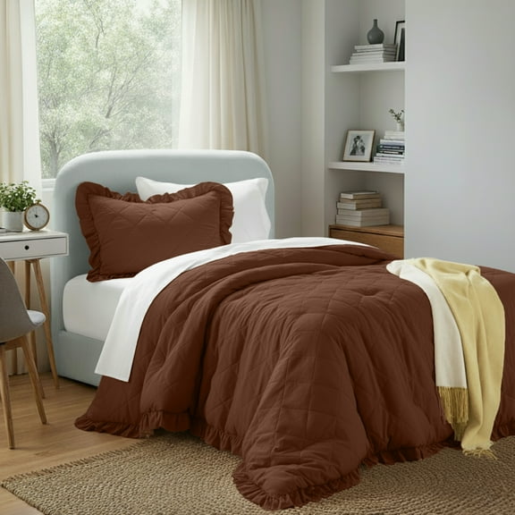 Regency Heights Twin/Twin XL Comforter Set Brown, 2 Pieces Quilted Ruffle Comforters Twin/Twin XL Size, Solid Bedding Comforters Sets, Gift for Women