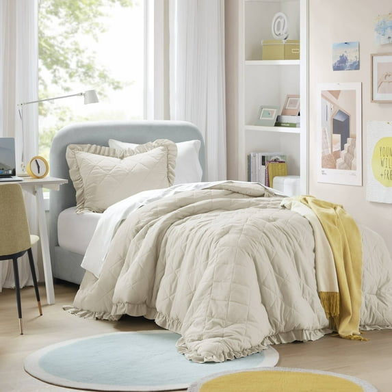 Regency Heights Twin/Twin XL Comforter Set Neutral, 2 Pieces Quilted Ruffle Comforters Twin/Twin XL Size, Solid Bedding Comforters Sets, Gift for Women