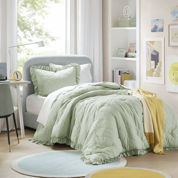 Regency Heights Twin/Twin XL Comforter Set Sage, 2 Pieces Quilted Ruffle Comforters Twin/Twin XL Size, Solid Bedding Comforters Sets, Gift for Women