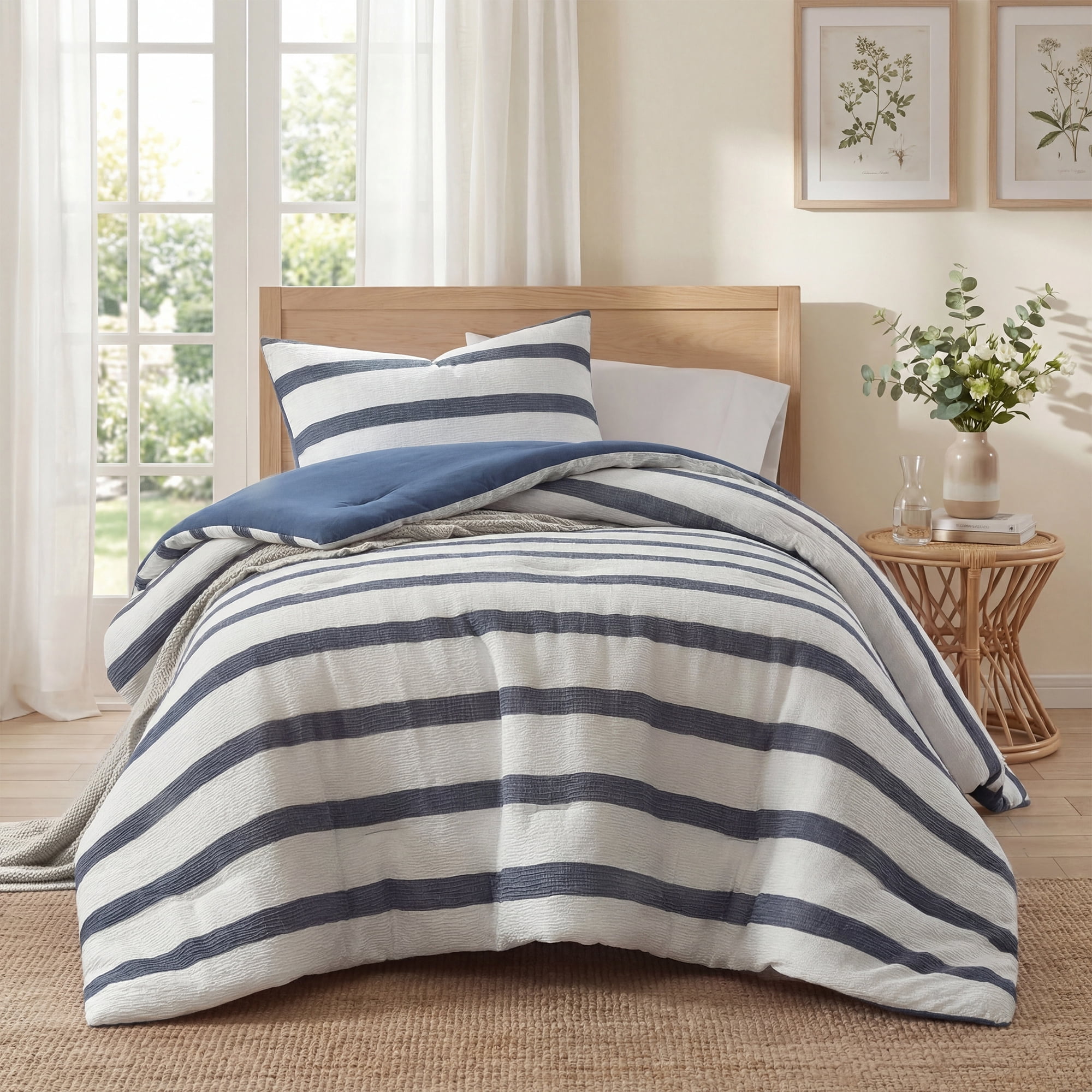 Regency Heights Twin/Twin XL Comforter Set, Striped Texture Bedding Comforter Set for College Dorm Room, 2 Pieces Tonal Stripes Woven Comforter with Pillow Sham, Blue