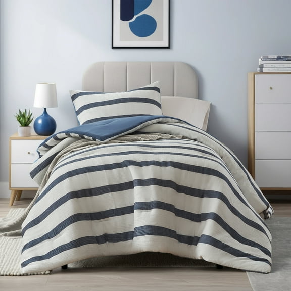 Regency Heights Twin/Twin XL Comforter Set, Striped Texture Bedding Comforter Set for College Dorm Room, 2 Pieces Tonal Stripes Woven Comforter with Pillow Sham, Blue