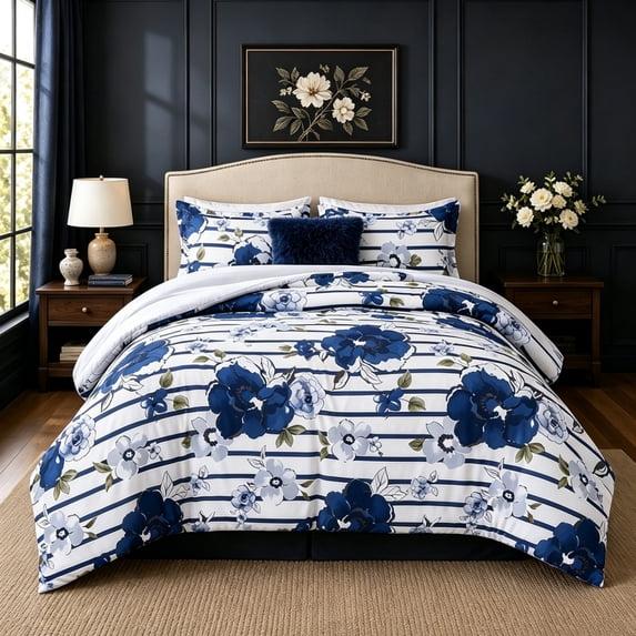 Regency Heights Twin/Twin XL Comforter Sets, 3-Piece Floral Bedding Sets for All Season, Navy Blue Stripped Comforter Set with Dec Pillow
