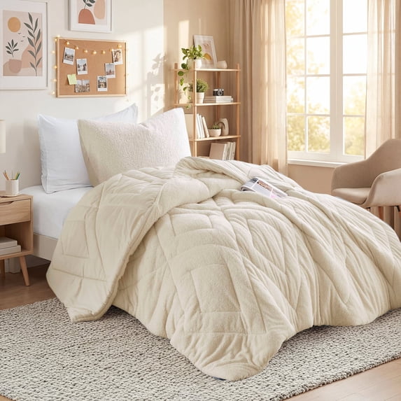 Regency Heights Twin/Twin XL Quilted Plush Comforter Set, 2-Piece Reversible Feather-Soft Dorm Bedding Sets, Textured Sherpa Comforter Bed Set for All Season, Ivory