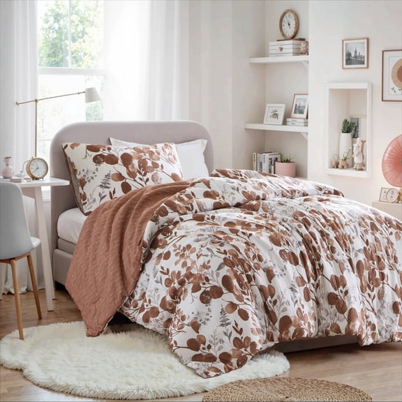 Regency Heights Twin/Twin XL Comforter Sets, Reversible Seersucker Floral Dorm Bedding Sets, 2 Piece Lightweight Spiced Terracotta Botanical Flowers Comforter Bed Set with Pillow Shams