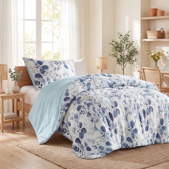 Regency Heights Twin/Twin XL Comforter Sets, Reversible Seersucker Floral Dorm Bedding Sets, 2 Piece Lightweight Navy/Blue Botanical Flowers Comforter Bed Set with Pillow Shams