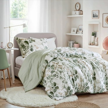 Regency Heights Twin/Twin XL Comforter Sets, Reversible Seersucker Floral Dorm Bedding Sets, 2 Piece Lightweight Sage Green Botanical Flowers Comforter Bed Set with Pillow Shams