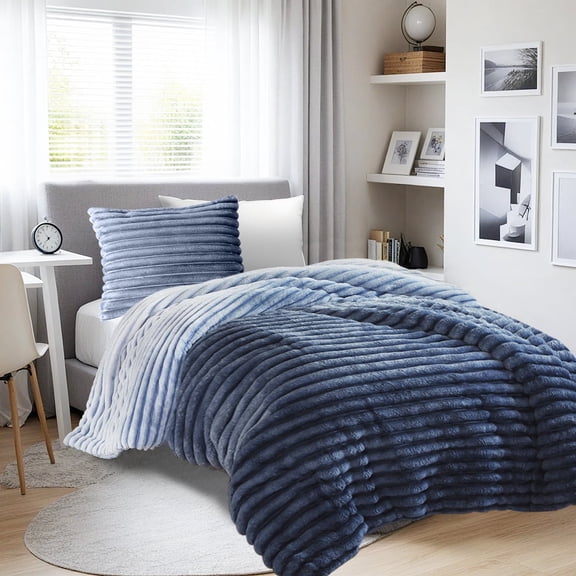 Regency Heights Twin/Twin XL Fluffy Ribbed Plush Comforter Set 2-Piece Bedding Set Blue Ombre
