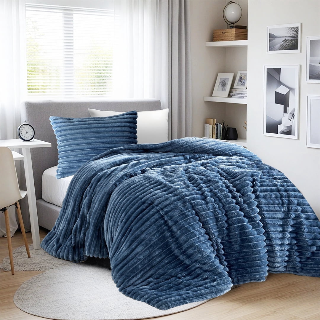 Regency Heights Twin/Twin XL Fluffy Ribbed Plush Comforter Set 2-Piece Bedding Set Blue