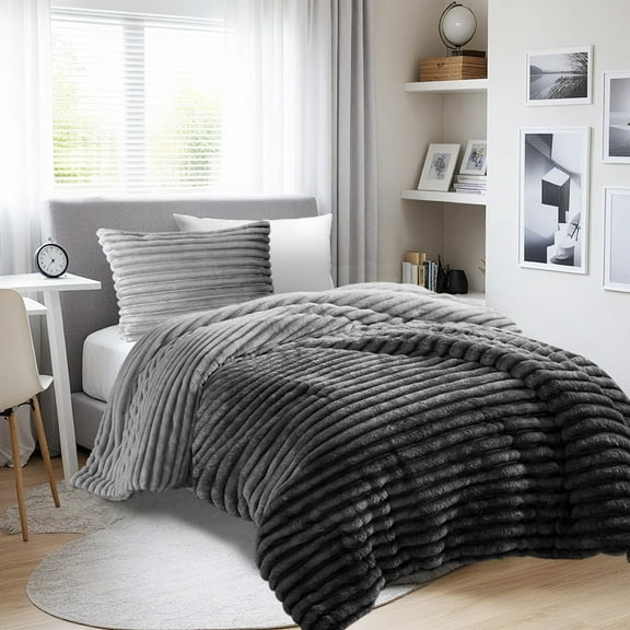 Regency Heights Twin/Twin XL Fluffy Ribbed Plush Comforter Set 2-Piece Bedding Set Grey Ombre