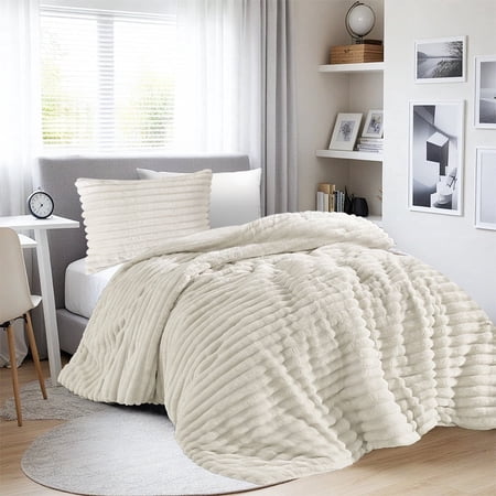 Regency Heights Twin/Twin XL Fluffy Ribbed Plush Comforter Set 2-Piece Bedding Set Ivory