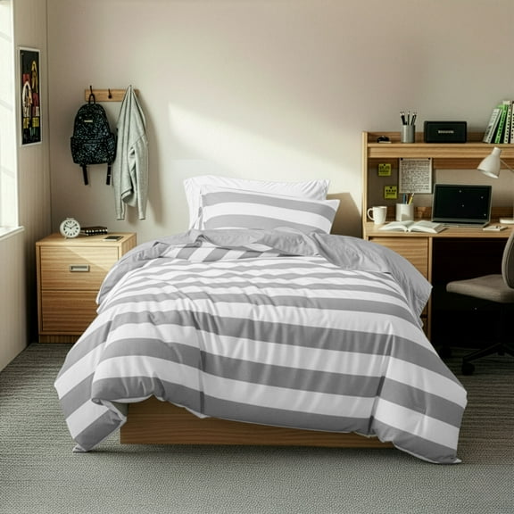 Regency Heights Twin/Twin XL Size Comforter Sets, 5-Piece Bed in a Bag for Dorm Bedding, Reversible Striped Comforter Bed Set with Sheets, Grey