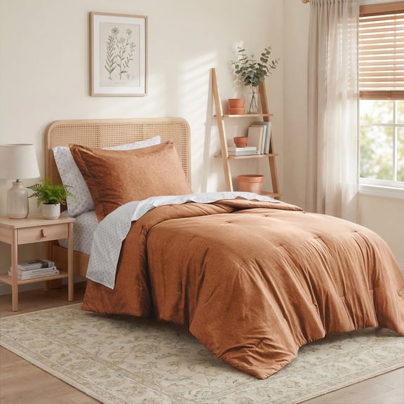 Regency Heights Twin/Twin-XL Size Comforter Set, 5-Piece Reversible Bed in a Bag with Sheets, Burnt Orange