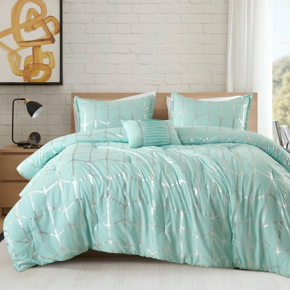 Regency Heights Twin/Twin XL Size Comforter Set, 3-Piece Bedding Set for All Seasons, Geometric Metallic Comforter Bed Set with Decor Pillows,Aqua/Silver