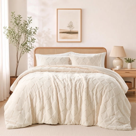 Regency Heights Twin/Twin-XL Size Comforter Set - 2-Piece Ivory Jacquard Sherpa Diamond Bedding with Plush Solid Reverse, Ultra Soft & Warm Fluffy Fleece Bed Set, Machine Washable for All Seasons