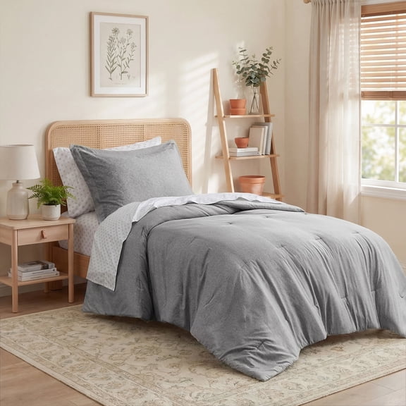 Regency Heights Twin/Twin-XL Size Comforter Set, 5-Piece Reversible Bed in a Bag with Sheets, Gray