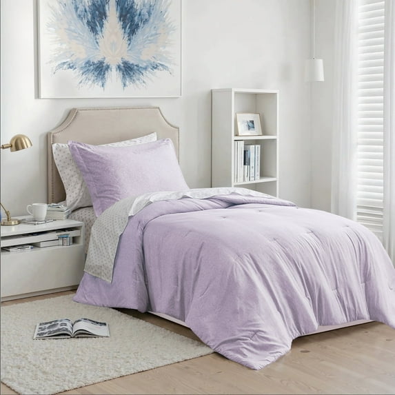 Regency Heights Twin/Twin-XL Size Comforter Set, 5-Piece Reversible Bed in a Bag with Sheets, Purple