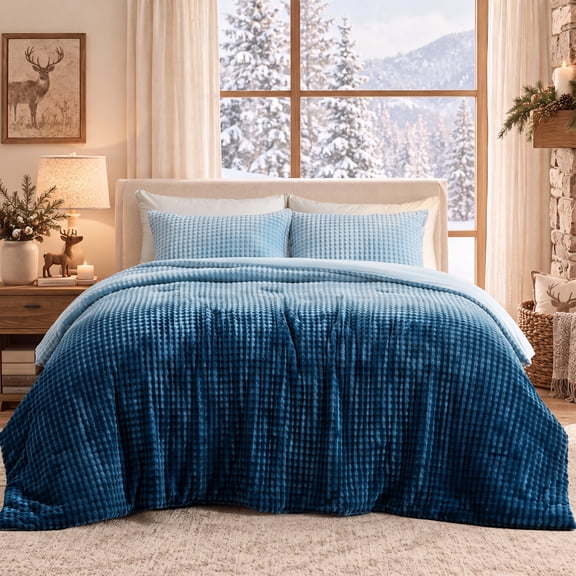 Regency Heights Twin/Twin XL Size Comforter Set, Fluffy Bubble Plush Comforter Set, 2-Piece Bedding Set, Denim Blue Ombre