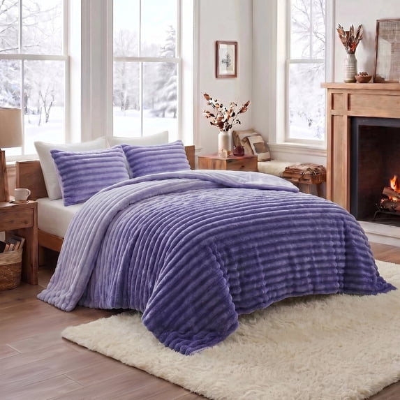 Regency Heights Twin/Twin XL Size Comforter Set, Fluffy Ribbed Plush Comforter Set, 2-Piece Bedding Set, Purple Ombre