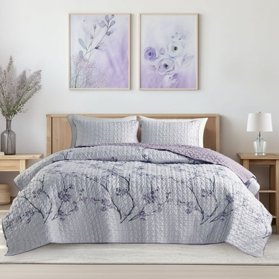 Comfort Spaces Reversible Twin/Twin XL Quilt Set, 2-Piece Floral Coverlet Set, Lightweight Bedspreads, Gray/Purple