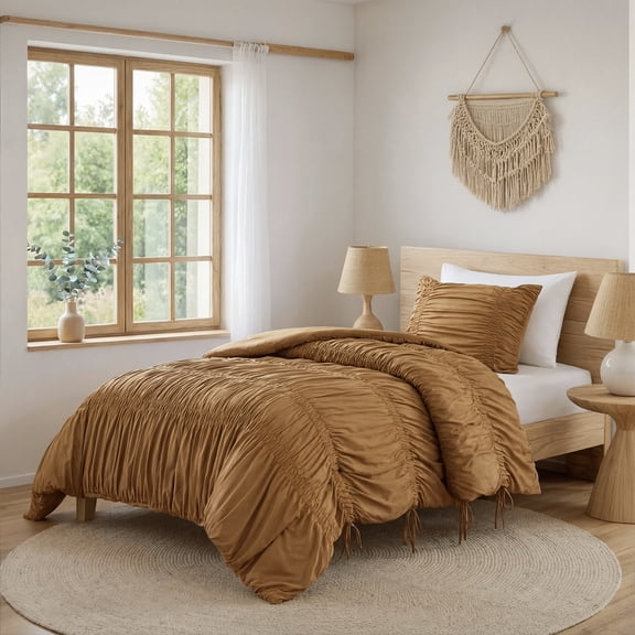 Regency Heights Twin/Twin-XL Soft Washed Comforter Set, Ruched Striped Dorm Bedding Sets, 2-Piece Brown French Country Comforter Bed Set with Bow Ties and Sham for All Season