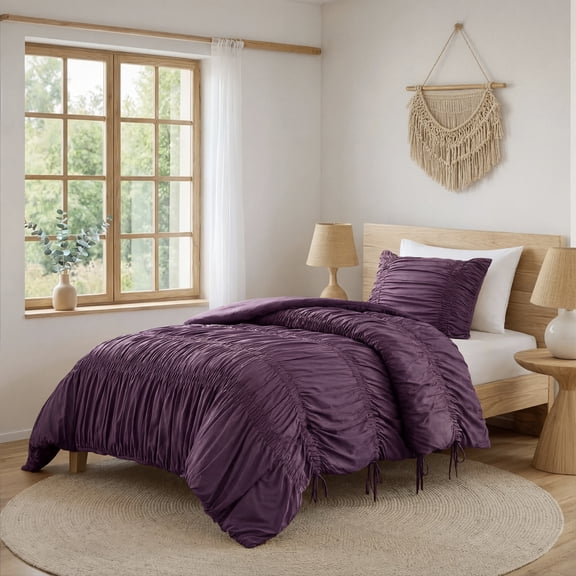 Regency Heights Twin/Twin-XL Soft Washed Comforter Set, Ruched Striped Dorm Bedding Sets, 2-Piece Purple French Country Comforter Bed Set with Bow Ties and Sham for All Season