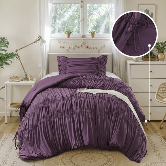 Regency Heights Twin/Twin-XL Soft Washed Comforter Set, Ruched Striped Dorm Bedding Sets, 2-Piece Purple French Country Comforter Bed Set with Bow Ties and Sham for All Season