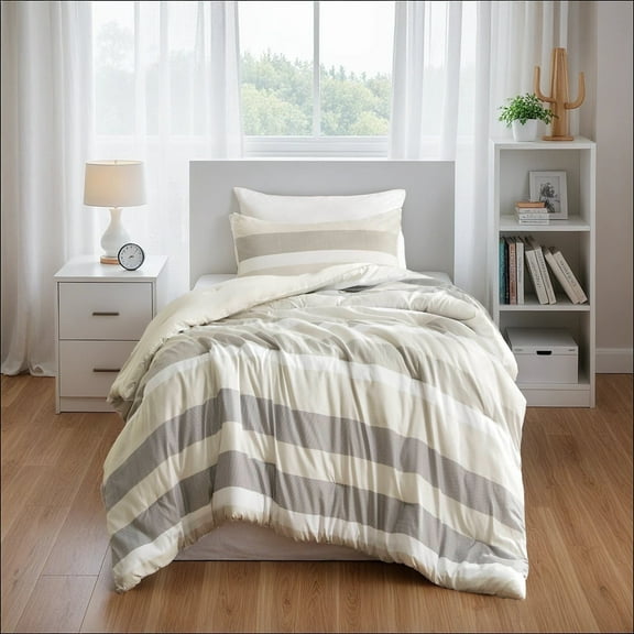Regency Heights Twin XL Comforter Set, Reversible Striped Twin Size Comforter Set, Neutral, 2-Piece