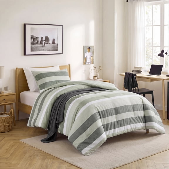 Regency Heights 2-Piece Comforter Sets, Reversible Striped Comforter Set for Dorm, Lightweight All Season Bedding Set with Pillow Shams,Twin/Twin XL, Sage